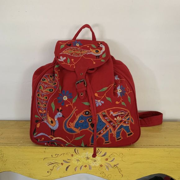 Vintage Handbags - Vintage Indian Hand Embroidered Red Backpack